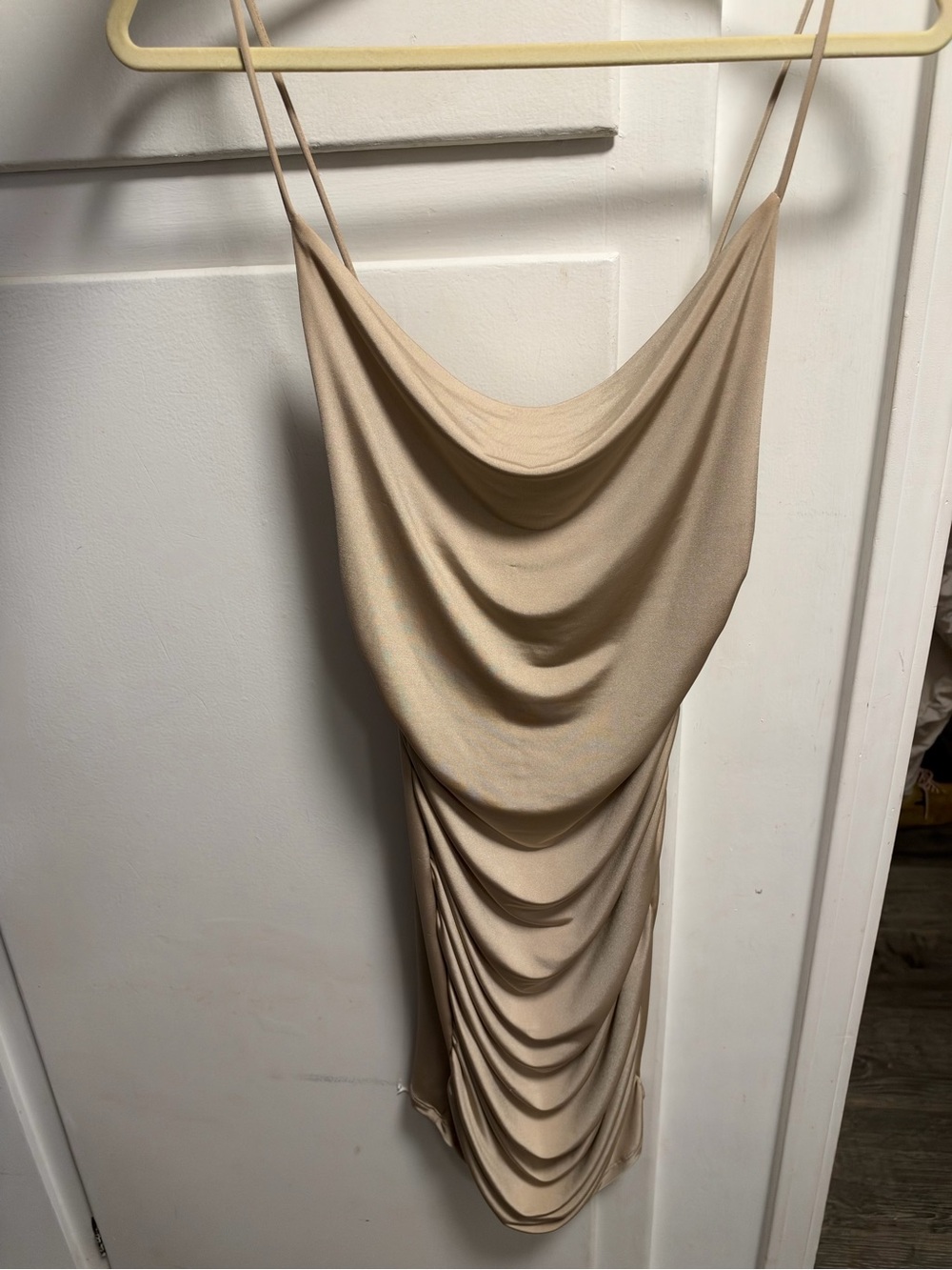 Draped Cowl Neck Slip Mini Dress - Beige